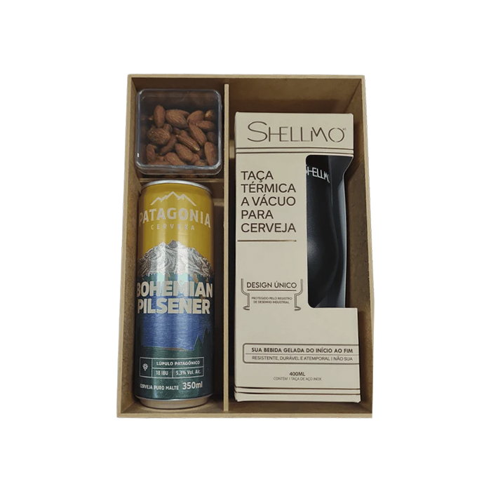 Kit Presente - Caixa de Madeira + Taça Térmica para Cerveja + Cerveja