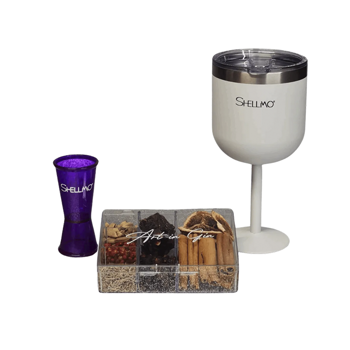 Kit Taça Térmica a Vácuo para Gin + Mini Box + Dosador Roxo