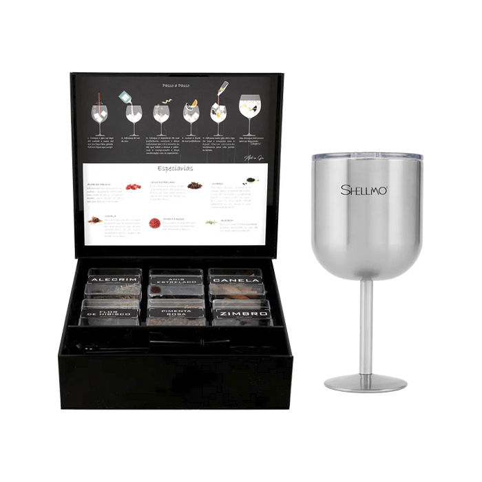 Kit Gin Premium P: 6 especiarias + Dosador + Kit Canudos + Taça Térmica a Vácuo para Gin 530ML - INOX ESCOVADO